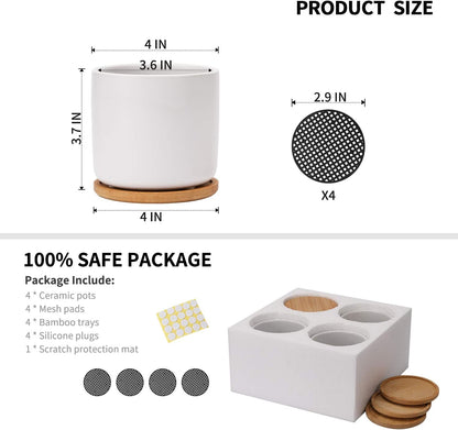 4 Inch Ceramic Plant Pot with Saucer, White Planters Pots with Drainage Hole and Mesh Pads for Succulent, Snake, Cactus, Herbs - 4 Packs(Plant Not Included)