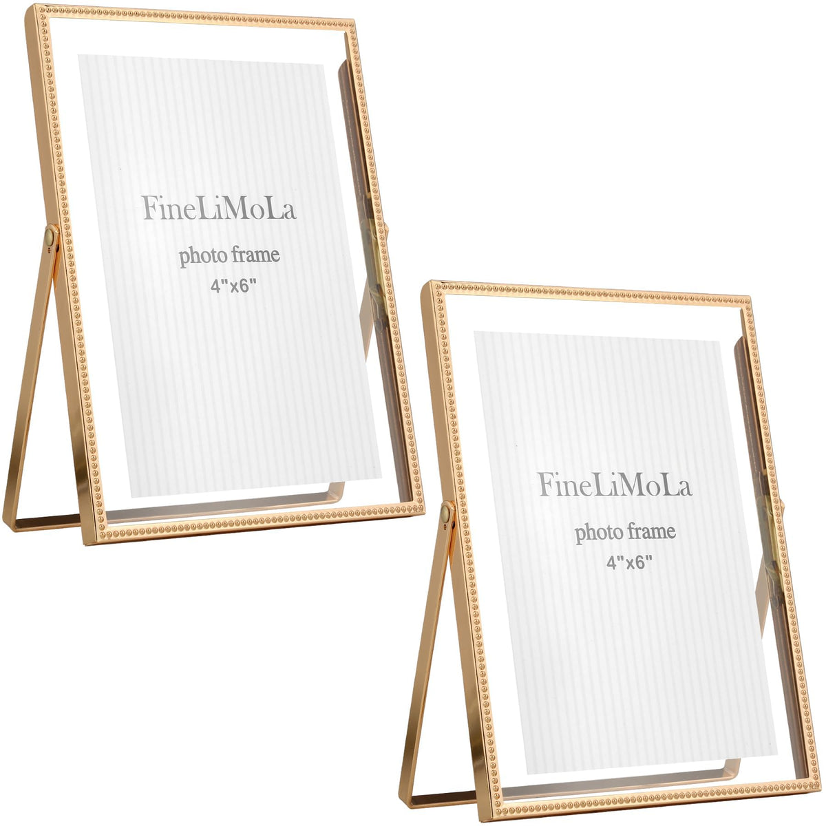 Gold 5x7'' Floating Picture Frames 2Pack,for Photo Sizes(3.5x5&4x6),Beaded Metal Edge,Adjustable Tabletop/Shelf Display for Wedding,Home & Office Decor