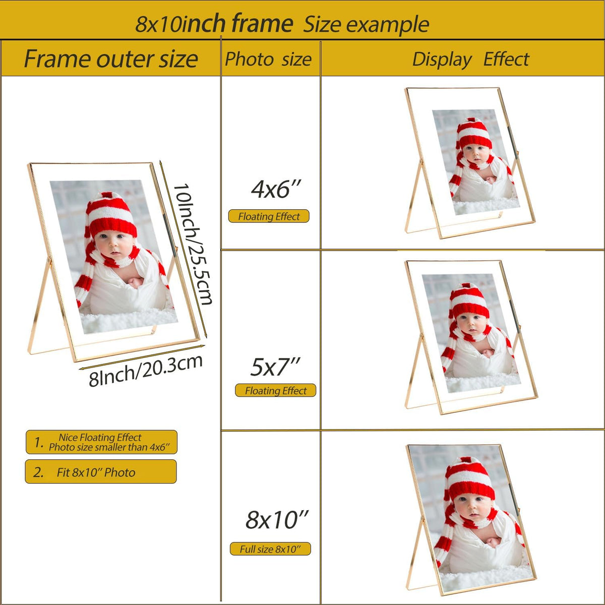 Gold 8x10'' Floating Frame Set of 2,For Photo Sizes( 5x7'',6x8'',7x9''),Beautiful Metal Beaded Edge Frames Adjustable Tabletop/Shelf Photo Frame,Classy Gift Choice for Wedding