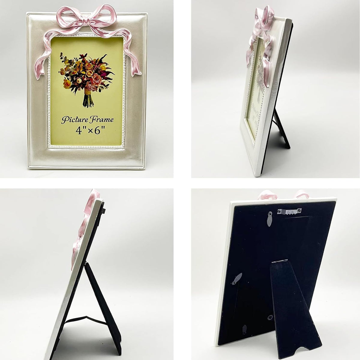 JANDERART 4x6 Pink Bow Picture Frame, Cute Photo Frame, Pearly White