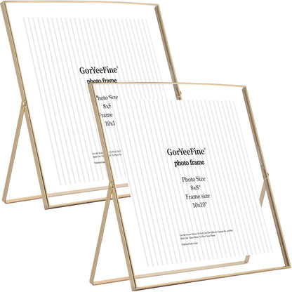 Gold 8x10'' Floating Frame Set of 2,For Photo Sizes( 5x7'',6x8'',7x9''),Beautiful Metal Beaded Edge Frames Adjustable Tabletop/Shelf Photo Frame,Classy Gift Choice for Wedding