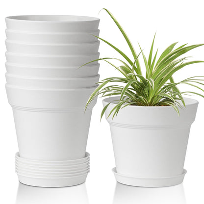 T4U Small Plant Pots 4 Inch 8 Pack, Plastic Indoor Flower Pots Saucer White