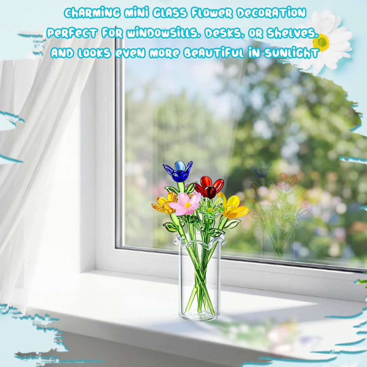 8 Pcs Mini Glass Flowers with Vase Set Small Crystal Bouquet