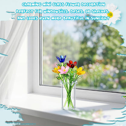 8 Pcs Mini Glass Flowers with Vase Set Small Crystal Bouquet