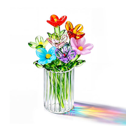 8 Pcs Mini Glass Flowers with Vase Set Small Crystal Bouquet