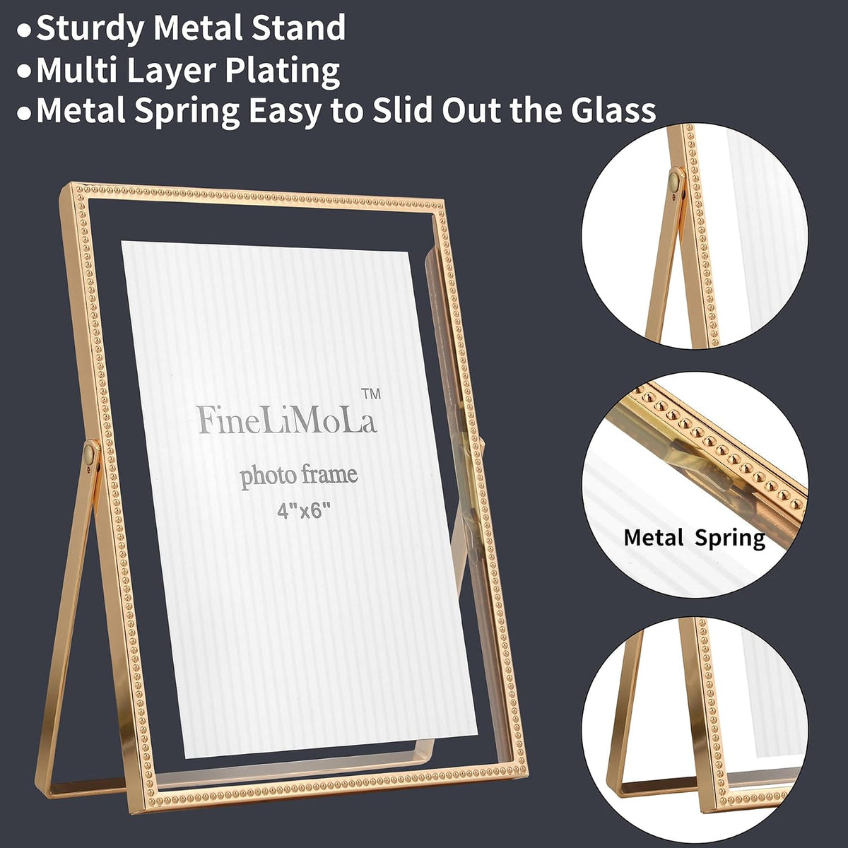 Gold 5x7'' Floating Picture Frames 2Pack,for Photo Sizes(3.5x5&4x6),Beaded Metal Edge,Adjustable Tabletop/Shelf Display for Wedding,Home & Office Decor