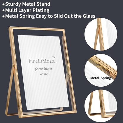 Gold 5x7'' Floating Picture Frames 2Pack,for Photo Sizes(3.5x5&4x6),Beaded Metal Edge,Adjustable Tabletop/Shelf Display for Wedding,Home & Office Decor
