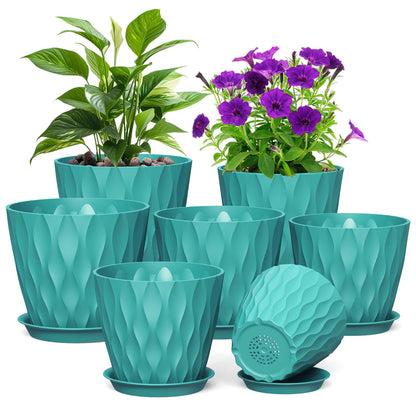 Meowell 4 inch Small Plastic Nursery Pots, 5 Pack Water Ripples Plant Pots for Indoor Plants, Flower Pots with Drainage Holes and Saucers, Seedling Starter Planters for Succulent Plants, White