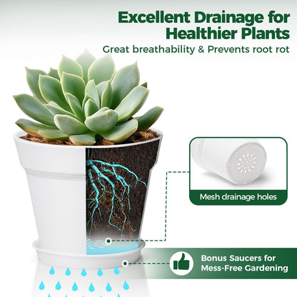 T4U Small Plant Pots 4 Inch 8 Pack, Plastic Indoor Flower Pots Saucer White