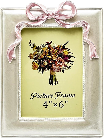 JANDERART 4x6 Pink Bow Picture Frame, Cute Photo Frame, Pearly White