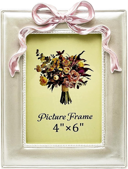 JANDERART 4x6 Pink Bow Picture Frame, Cute Photo Frame, Pearly White