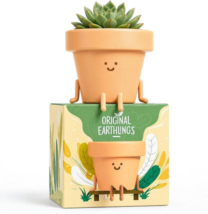 Original Earthlings Sitting Small Plant Pot, Cute Pots for Plants - 4 Inch