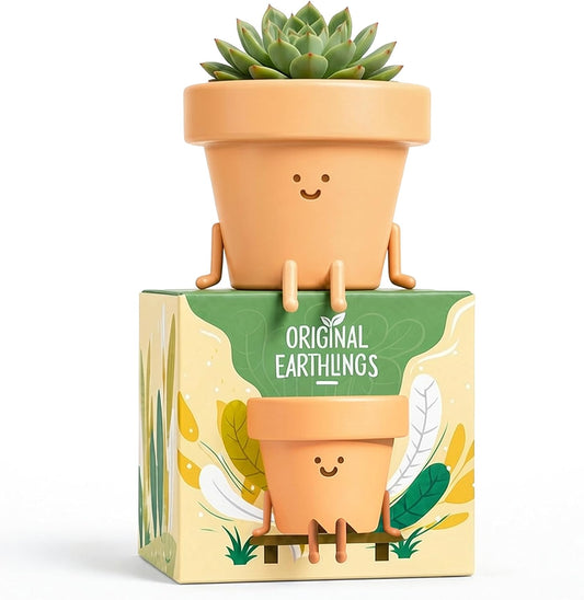 Original Earthlings Sitting Small Plant Pot, Cute Pots for Plants - 4 Inch
