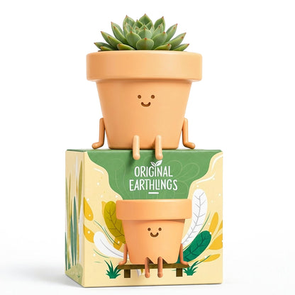 Original Earthlings Sitting Small Plant Pot, Cute Pots for Plants - 4 Inch