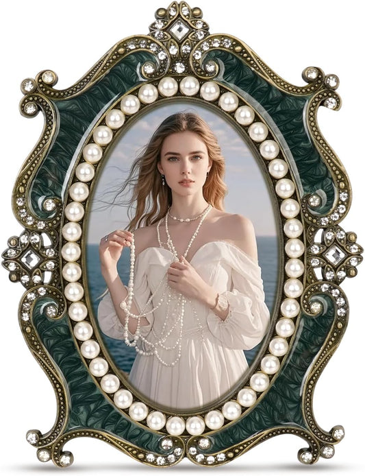 Vintage Picture Frames 5x7,Metal Ornate Oval Photo Frame with Crystal and Pearl Decor,Retro Elegant European-Style Border,HD Glass for Wedding Valentine's/Mother's Day Gifts,Green
