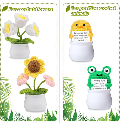 FINGOOO 2 Inch Little White Pots, 12 Pack Plastic Plant Pots with Foam and Simulated Lawn for Crochet Flowers Knit Plants DIY Craft Home Desk Decor