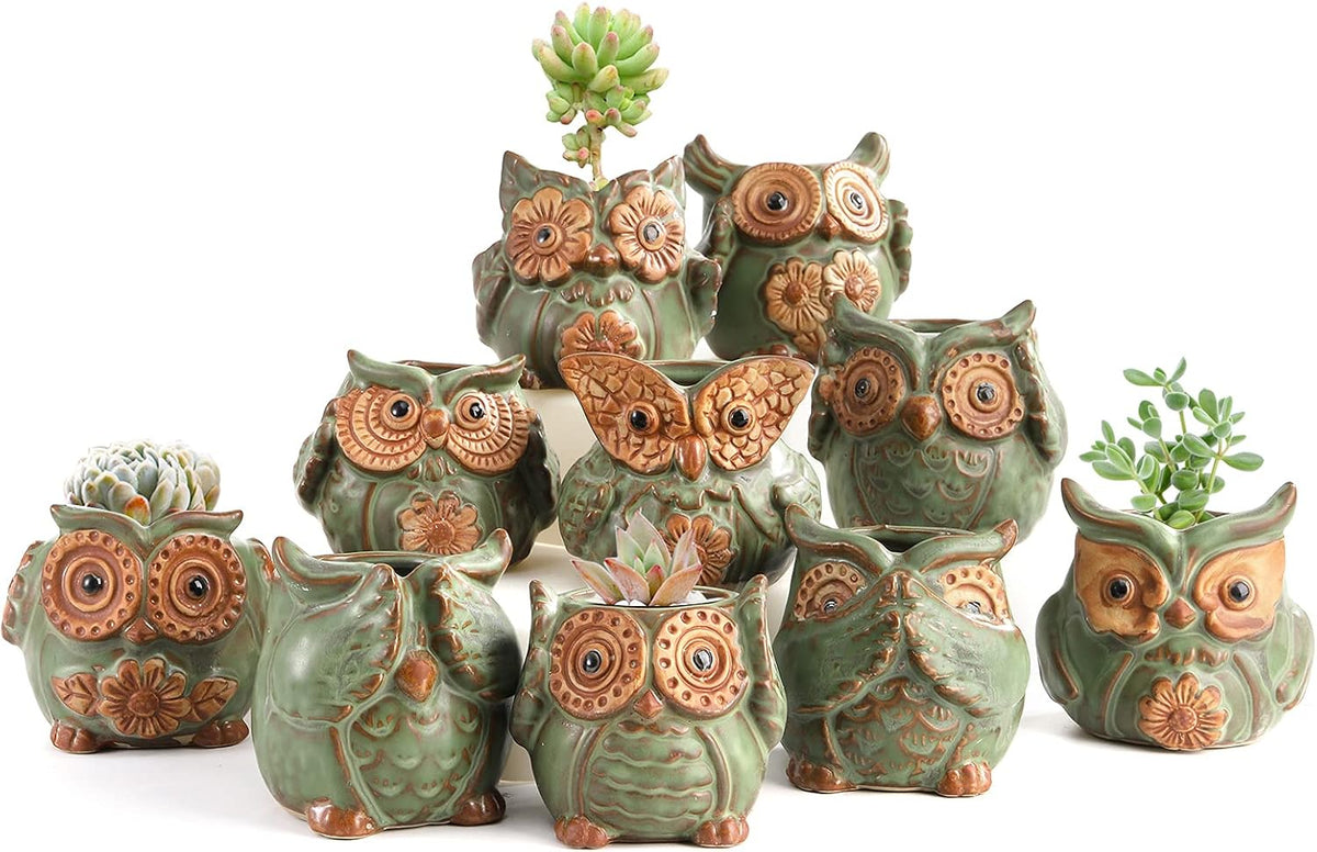 TOPZEA 10 Pack Succulent Planter Pots with Drainage Hole, Cute Owl Ceramic Small Planters Animal Tiny Flower Plant Pots Containers Indoor for Cactus, Herb, Home, Garden, Windowsill, Coffee Table Decor