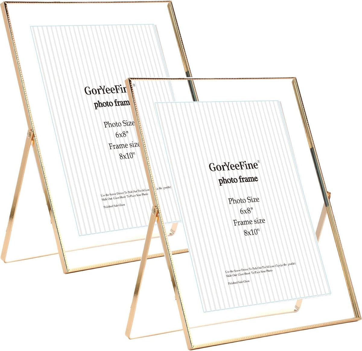 Gold 8x10'' Floating Frame Set of 2,For Photo Sizes( 5x7'',6x8'',7x9''),Beautiful Metal Beaded Edge Frames Adjustable Tabletop/Shelf Photo Frame,Classy Gift Choice for Wedding