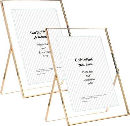 Gold 8x10'' Floating Frame Set of 2,For Photo Sizes( 5x7'',6x8'',7x9''),Beautiful Metal Beaded Edge Frames Adjustable Tabletop/Shelf Photo Frame,Classy Gift Choice for Wedding