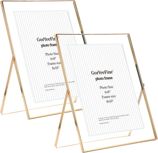 Gold 8x10'' Floating Frame Set of 2,For Photo Sizes( 5x7'',6x8'',7x9''),Beautiful Metal Beaded Edge Frames Adjustable Tabletop/Shelf Photo Frame,Classy Gift Choice for Wedding