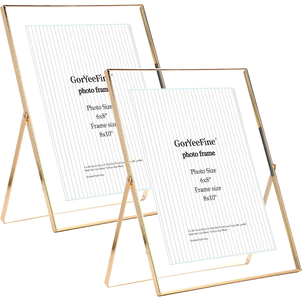 Gold 8x10'' Floating Frame Set of 2,For Photo Sizes( 5x7'',6x8'',7x9''),Beautiful Metal Beaded Edge Frames Adjustable Tabletop/Shelf Photo Frame,Classy Gift Choice for Wedding