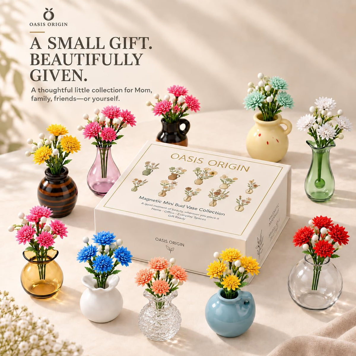 Hand-Blown Mini Vase Magnets for Fridge, Set of 10 Artisan Glass & Ceramic Bud Vases, Each One Unique, Tiny Garden Decor Gift for Mom, Teachers & Coworkers