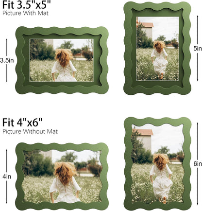 4x6 Picture Frame with Mat for 3.5x5, Wavy Edge Wooden Real Glass Photo Frame for Tabletop and Wall Hanging, Green, 1 Pack