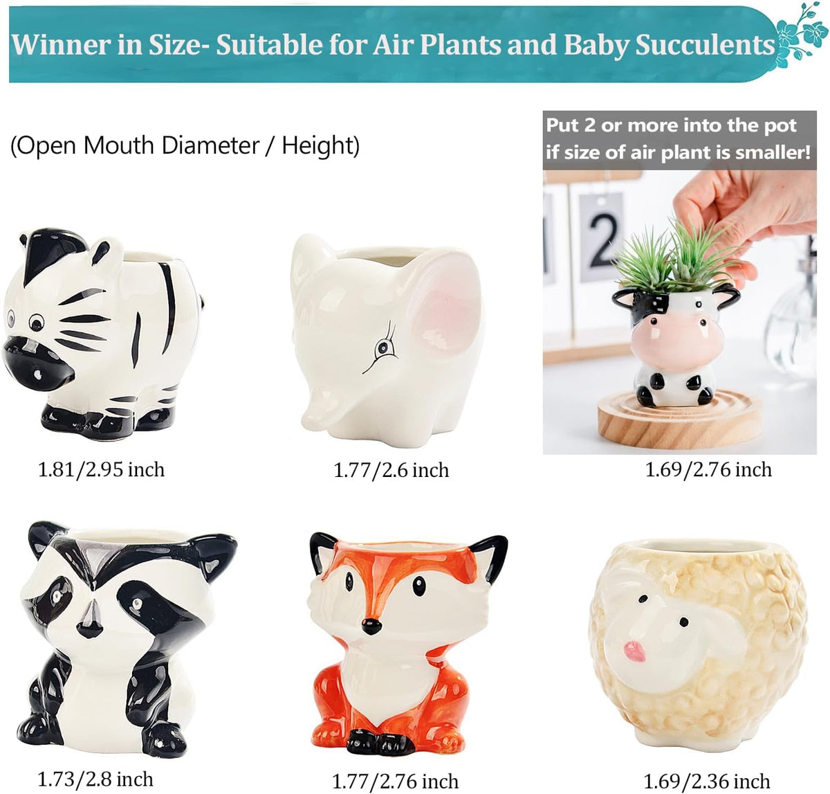 Melphoe 6Pcs Air Plant Holder Cartoon Shaped Small Succulent Pots Animal Planters Small Ceramic Pot Drainage for Mini Plant Cactus Flower, Tillandsia Air Fern, Display Stand Home, Office Desktop