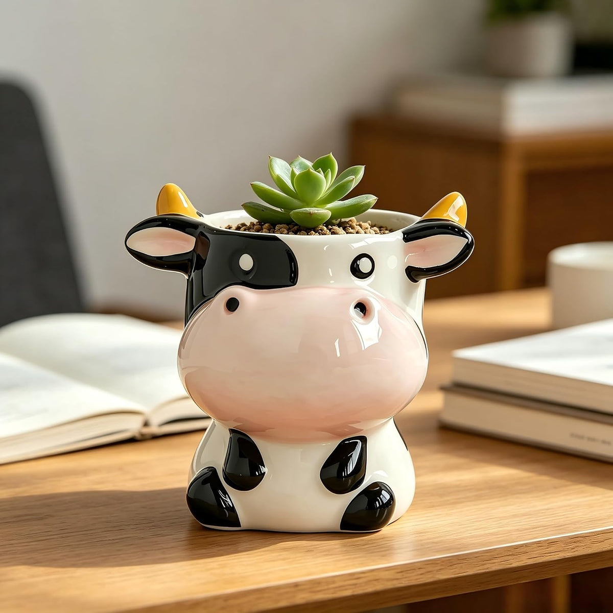 Cute Animal Ceramic Planter Pot, Small Glossy Cartoon Cow Shaped