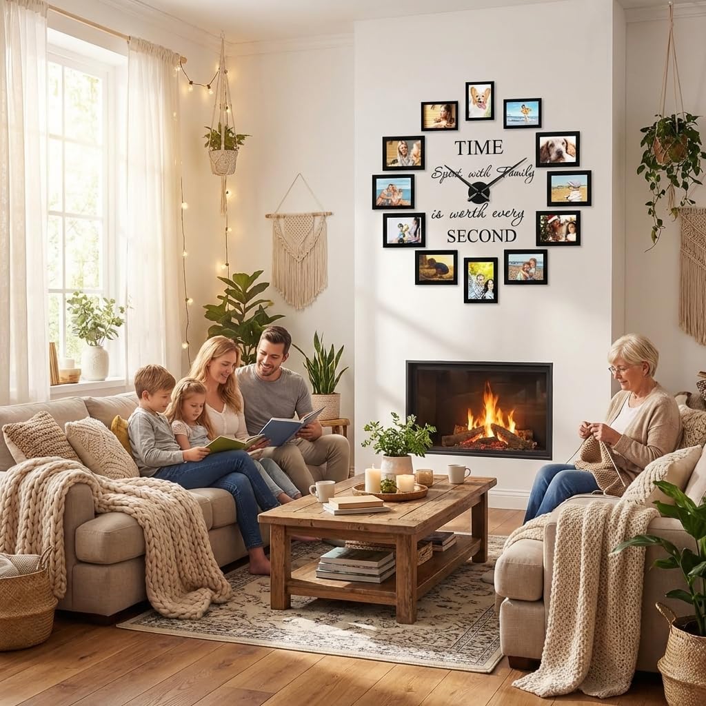Family Picture Frames Collage Wall Decor - 4x6 Collage Picture Frames Photo Frame for Wall Picture Frame DIY Black Large Clocks for Living Room Decor
