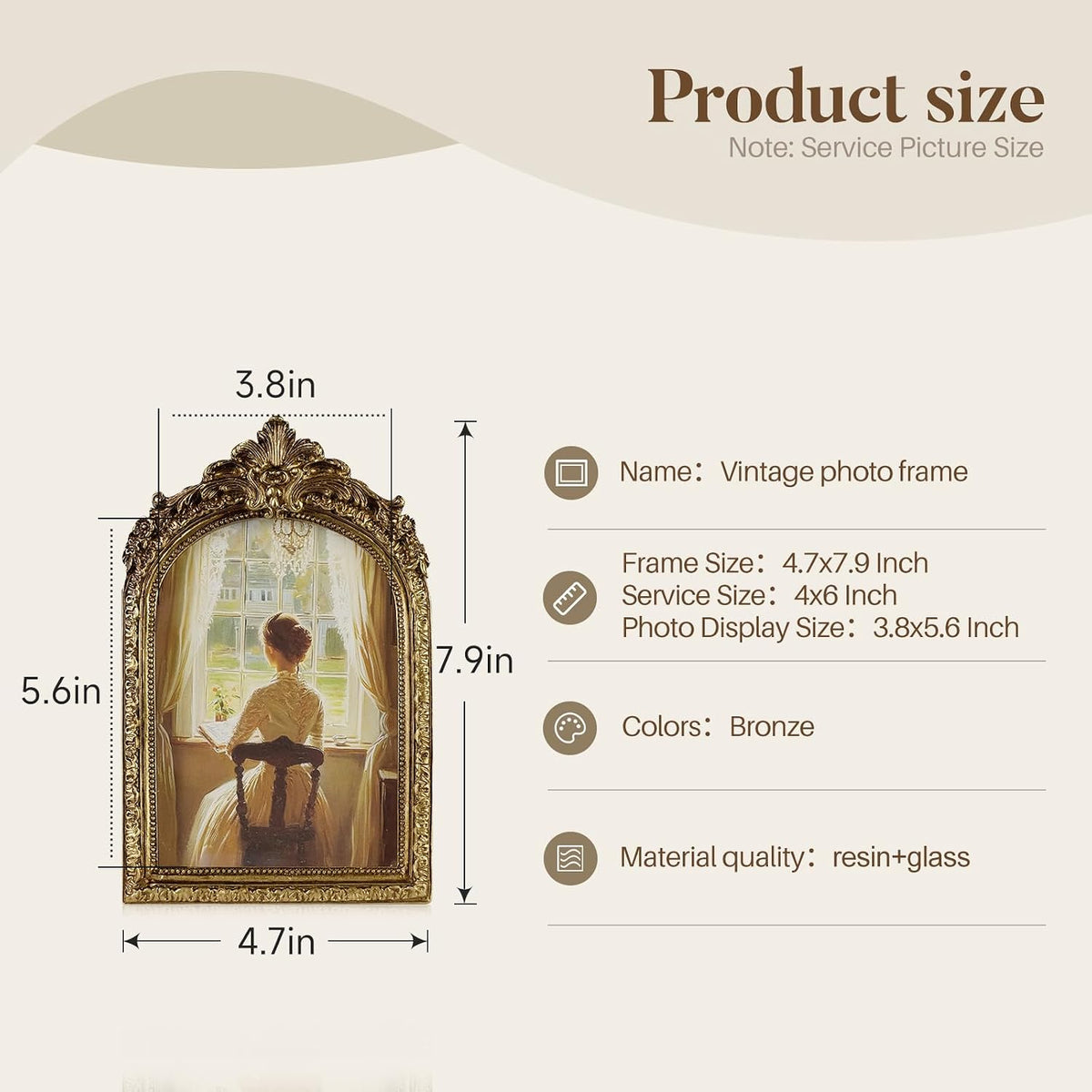 Cuspin 4x6 Vintage Picture Frame Gold Ornate Resin Arched Photo Frame