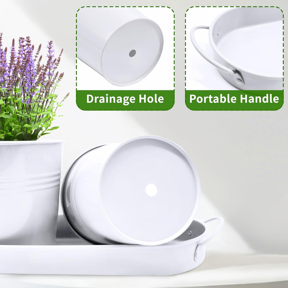Small Pots for Plants, 3-Pack 4.7 Inch White Metal Herb Pots, Mini Windowsill Planter for Succulent, Cactus, Basil, Mint, Rosemary