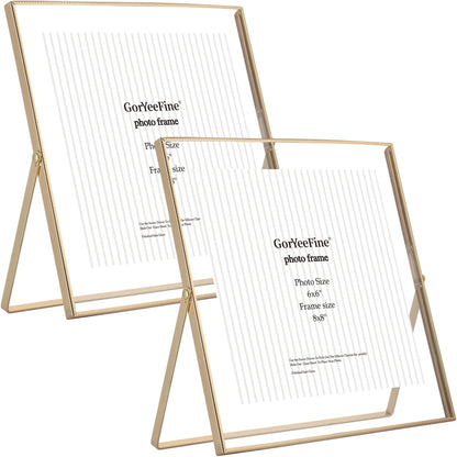 Gold 8x10'' Floating Frame Set of 2,For Photo Sizes( 5x7'',6x8'',7x9''),Beautiful Metal Beaded Edge Frames Adjustable Tabletop/Shelf Photo Frame,Classy Gift Choice for Wedding