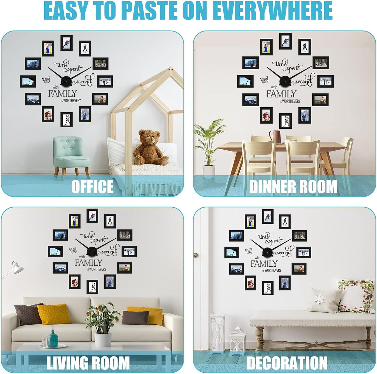 Sratte Wall Clock with 12 Picture Frames 5x3.5 Inch, Family Photo,Black