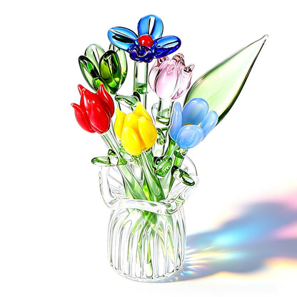 8 Pcs Mini Glass Flowers with Vase Set Small Crystal Bouquet