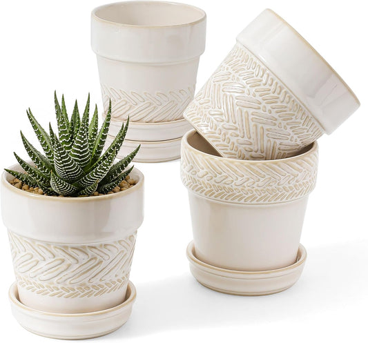 Fayoula Succulent pots,Indoor Small Succulent Bonsai,3 Inch Mini Ceramic Succulent Pots with Saucer and Drainage Hole, Decorative Planter for Succulent, Cactus, Set of 4.