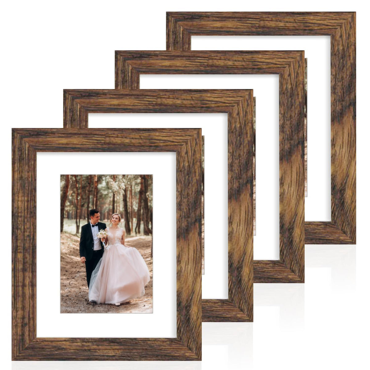iRahmen 8x10 Picture Frame Set of 4, High Definition Real Glass Rustic Brown Frame, 8 x 10 Wood Photo Frames for Desktop Display and Wall Mounting