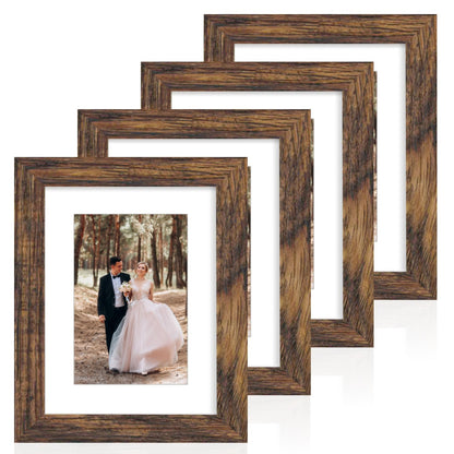 iRahmen 8x10 Picture Frame Set of 4, High Definition Real Glass Rustic Brown Frame, 8 x 10 Wood Photo Frames for Desktop Display and Wall Mounting