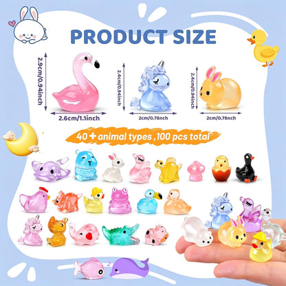 100PCS Mini Glow in The Dark Animal Resin Models Mystery Resin Animals Blind Bag Tiny Animal Figurines for Micro Landscape Garden Aquarium Dollhouse Party Favors Surprise Gifts for Kids ﻿
