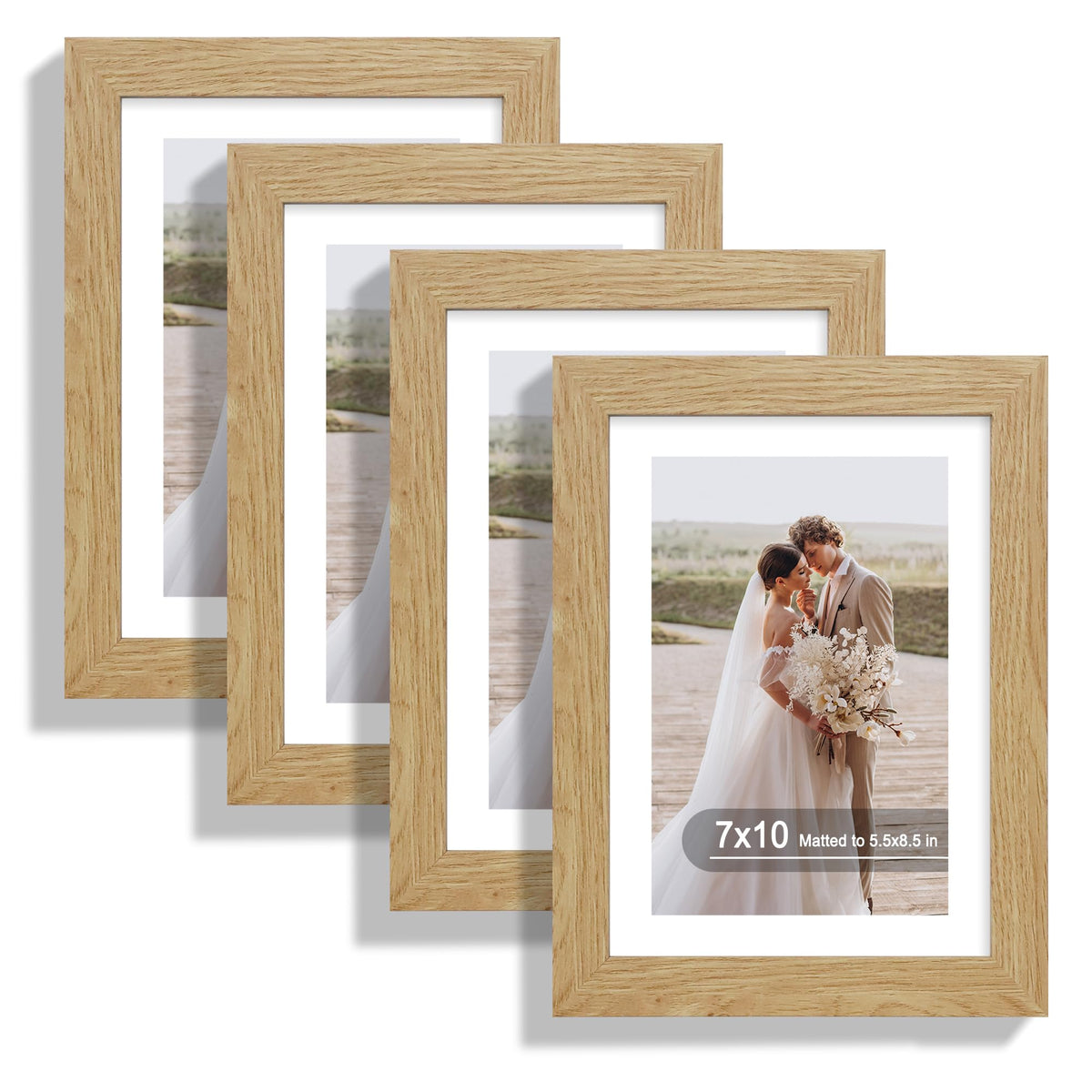 Hongkee 8x10 Picture Frame Set of 4, Real Glass and Wood Frame, 5x7 Mat