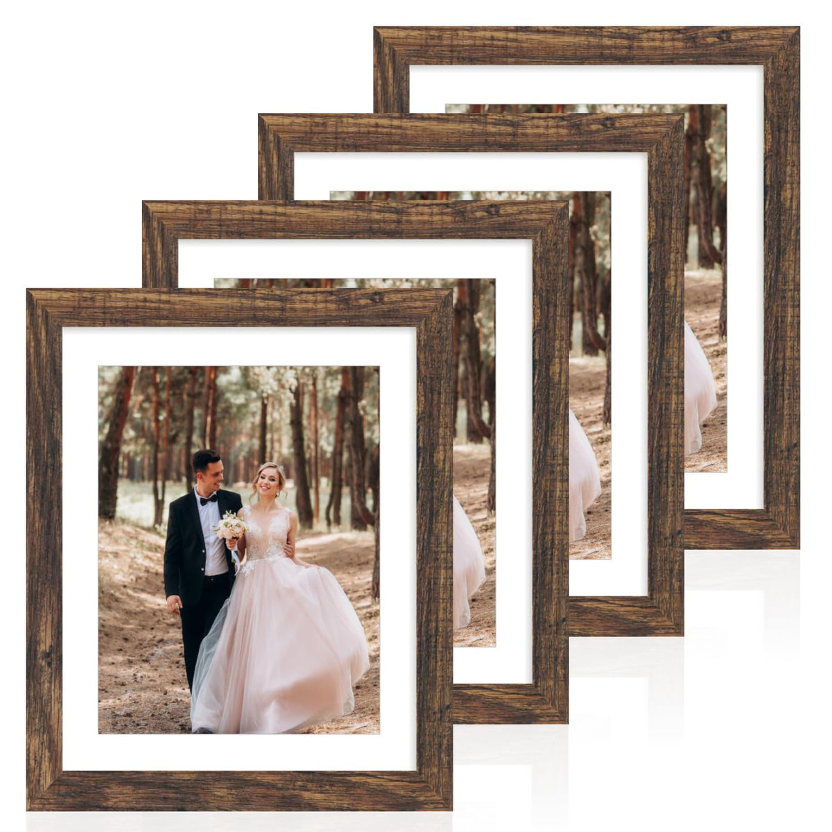 iRahmen 8x10 Picture Frame Set of 4, High Definition Real Glass Rustic Brown Frame, 8 x 10 Wood Photo Frames for Desktop Display and Wall Mounting