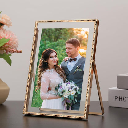 Gold 5x7'' Floating Picture Frames 2Pack,for Photo Sizes(3.5x5&4x6),Beaded Metal Edge,Adjustable Tabletop/Shelf Display for Wedding,Home & Office Decor