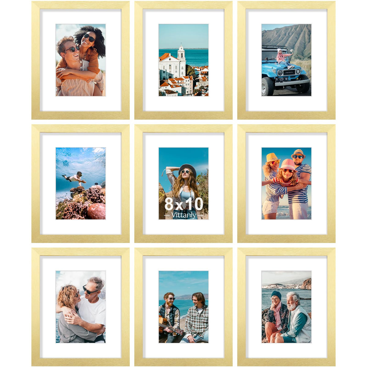 Vittanly 8x10 Picture Frames Set of 9 for Wall or Tabletop Display, Gold