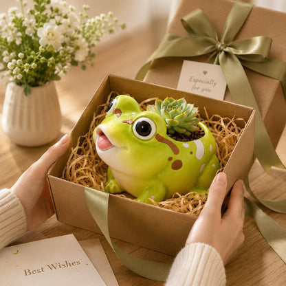 Cute Frog Succulent Planter with Drainage Hole & Plug, Mini Resin Plant Pot for Indoor Outdoor Patio Desk Decor, Funny Animal Flower Pot Gift