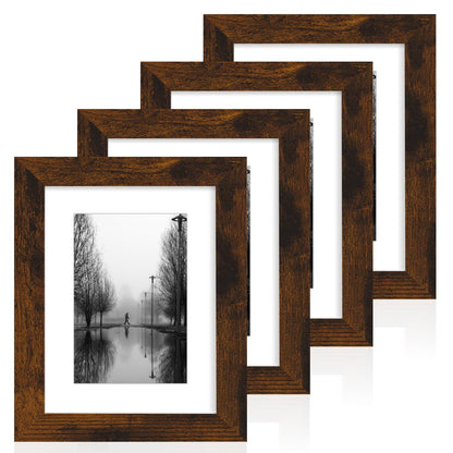 iRahmen 8x10 Picture Frame Set of 4, High Definition Real Glass Rustic Brown Frame, 8 x 10 Wood Photo Frames for Desktop Display and Wall Mounting
