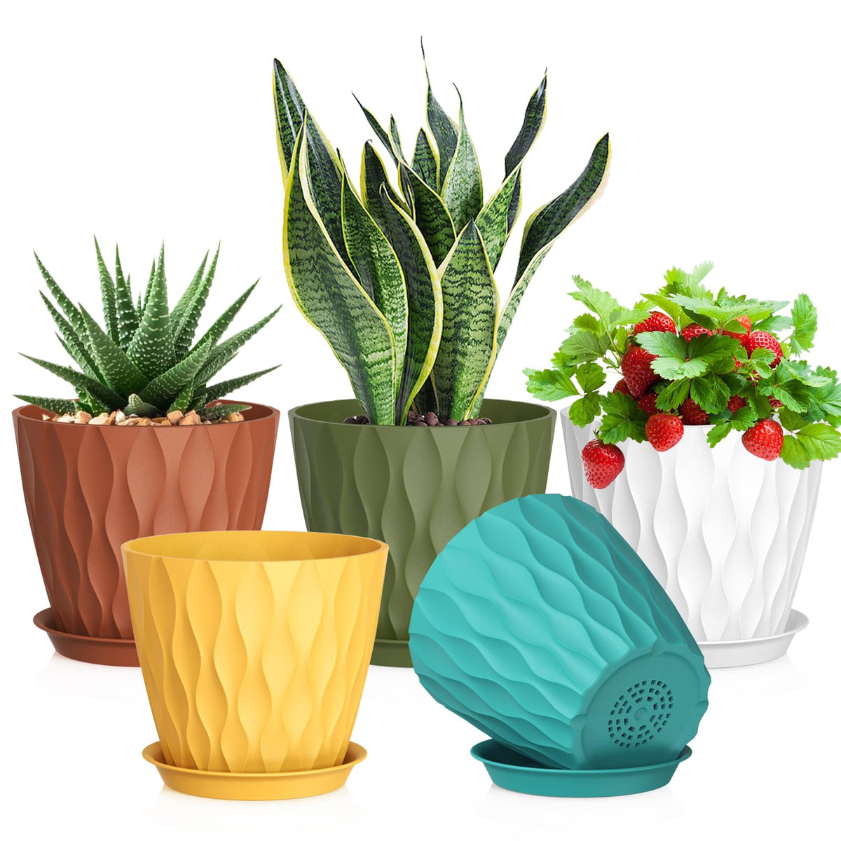 Meowell 4 inch Small Plastic Nursery Pots, 5 Pack Water Ripples Plant Pots for Indoor Plants, Flower Pots with Drainage Holes and Saucers, Seedling Starter Planters for Succulent Plants, White
