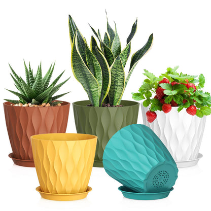 Meowell 4 inch Small Plastic Nursery Pots, 5 Pack Water Ripples Plant Pots for Indoor Plants, Flower Pots with Drainage Holes and Saucers, Seedling Starter Planters for Succulent Plants, White