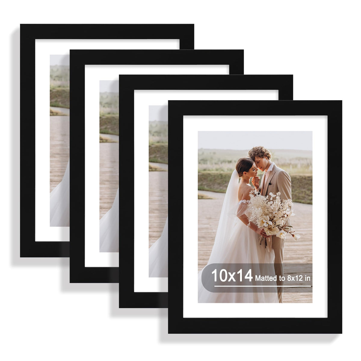 Hongkee 8x10 Picture Frame Set of 4, Real Glass and Wood Frame, 5x7 Mat