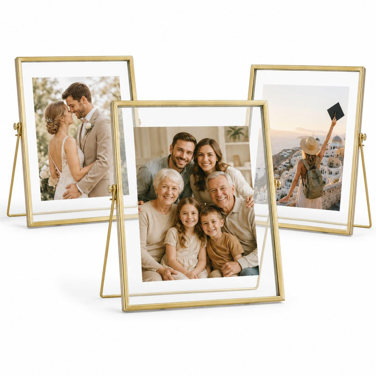 Gold Picture Frames Set of 3 — 4x4 4x6 5x7 Floating Glass Photo Frame Gift