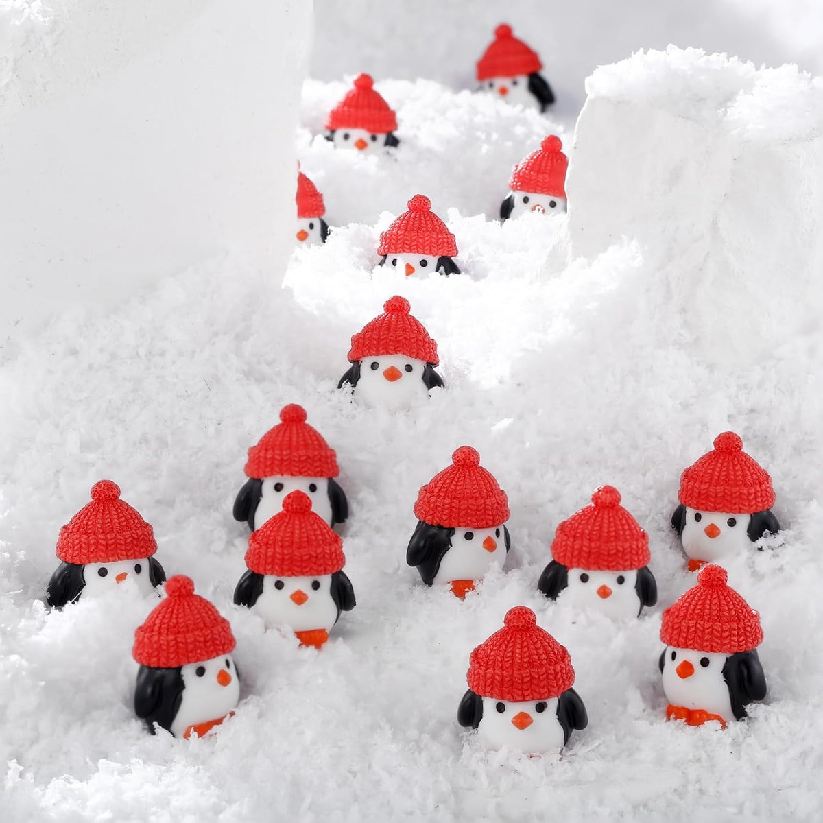 Soulchen 50 Pcs Mini Penguin Figurines Red Hat Resin Christmas Decor